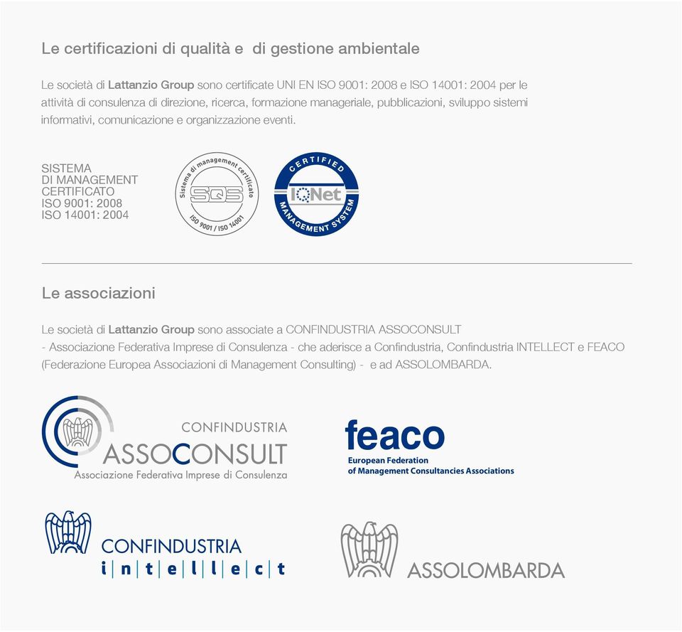 SISTEMA DI MANAGEMENT CERTIFICATO ISO 9001: 2008 ISO 14001: 2004 Le associazioni Le società di Lattanzio Group sono associate a CONFINDUSTRIA ASSOCONSULT - Associazione
