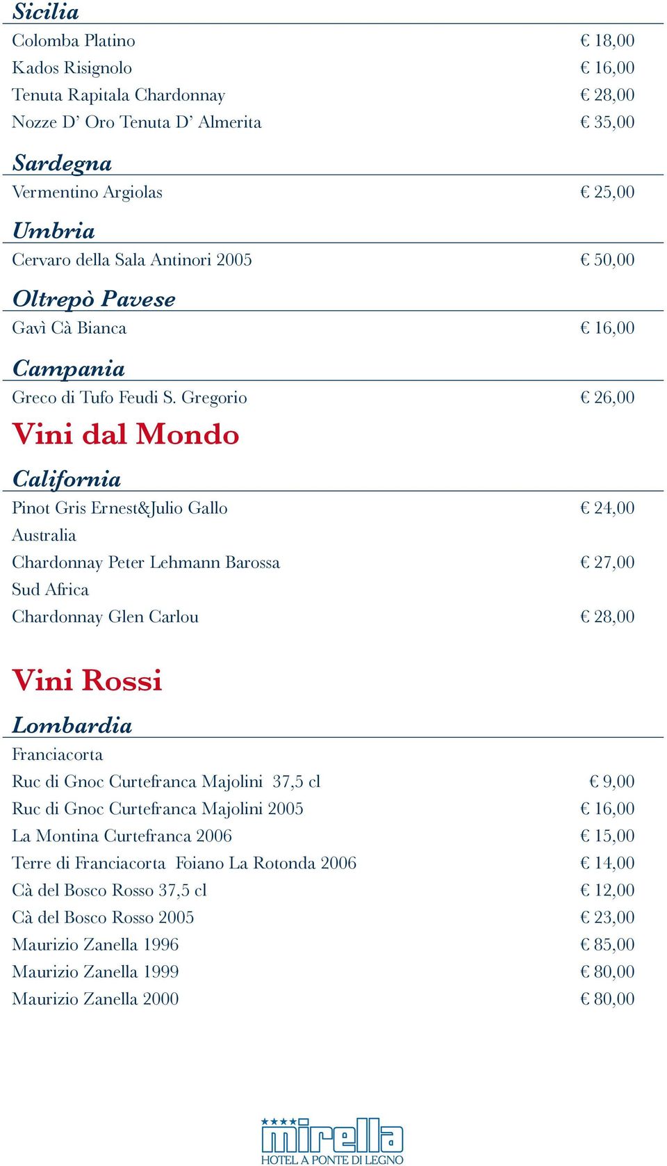 Gregorio 26,00 Vini dal Mondo California Pinot Gris Ernest&Julio Gallo 24,00 Australia Chardonnay Peter Lehmann Barossa 27,00 Sud Africa Chardonnay Glen Carlou 28,00 Vini Rossi Lombardia