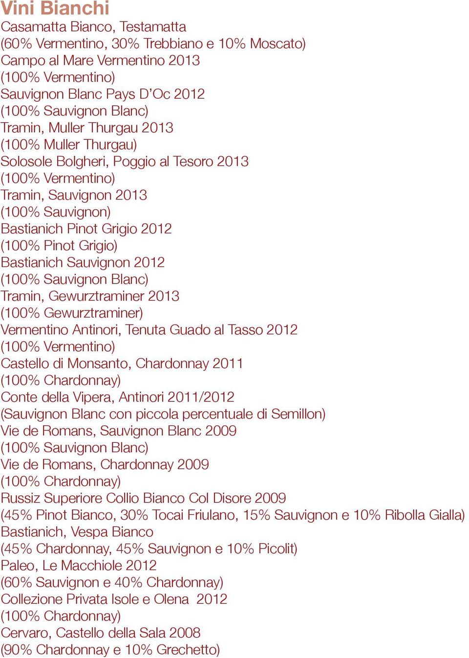 Bastianich Sauvignon 2012 (100% Sauvignon Blanc) Tramin, Gewurztraminer 2013 (100% Gewurztraminer) Vermentino Antinori, Tenuta Guado al Tasso 2012 (100% Vermentino) Castello di Monsanto, Chardonnay