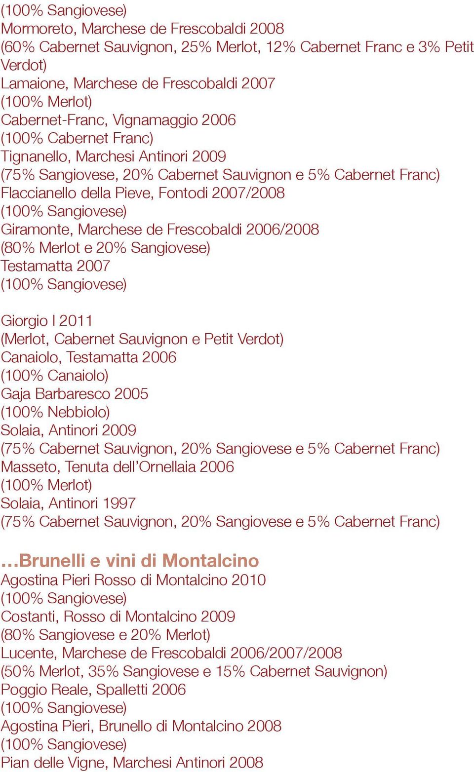 Frescobaldi 2006/2008 (80% Merlot e 20% Sangiovese) Testamatta 2007 Giorgio I 2011 (Merlot, Cabernet Sauvignon e Petit Verdot) Canaiolo, Testamatta 2006 (100% Canaiolo) Gaja Barbaresco 2005 (100%