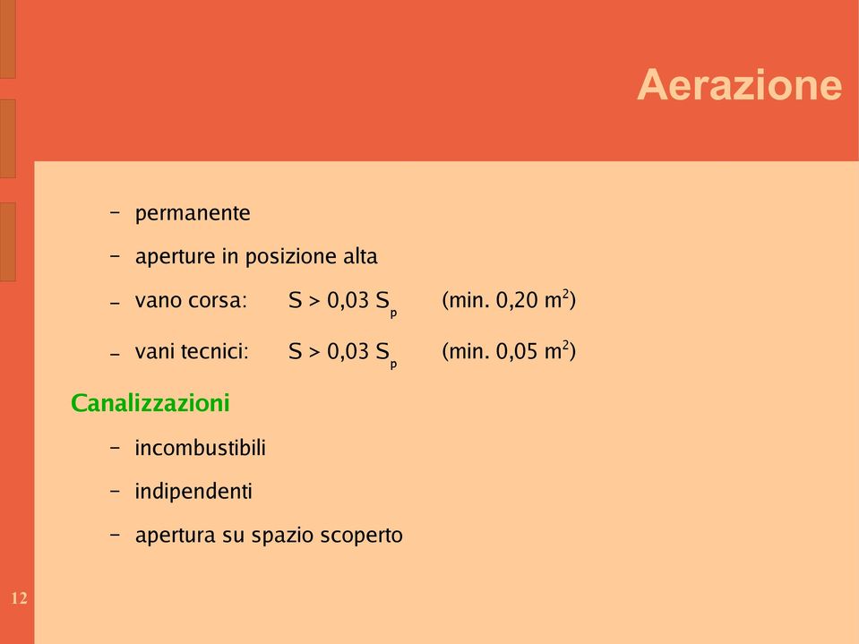 0,20 m 2 ) vani tecnici: S > 0,03 S p (min.