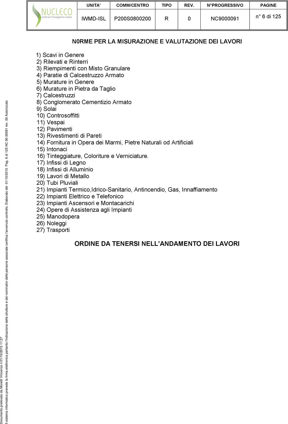 00 Autorizzato 1) Scavi in Genere 2) Rilevati e Rinterri 3) Riempimenti con Misto Granulare 4) Paratie di Calcestruzzo Armato 5) Murature in Genere 6) Murature in Pietra da Taglio 7) Calcestruzzi 8)