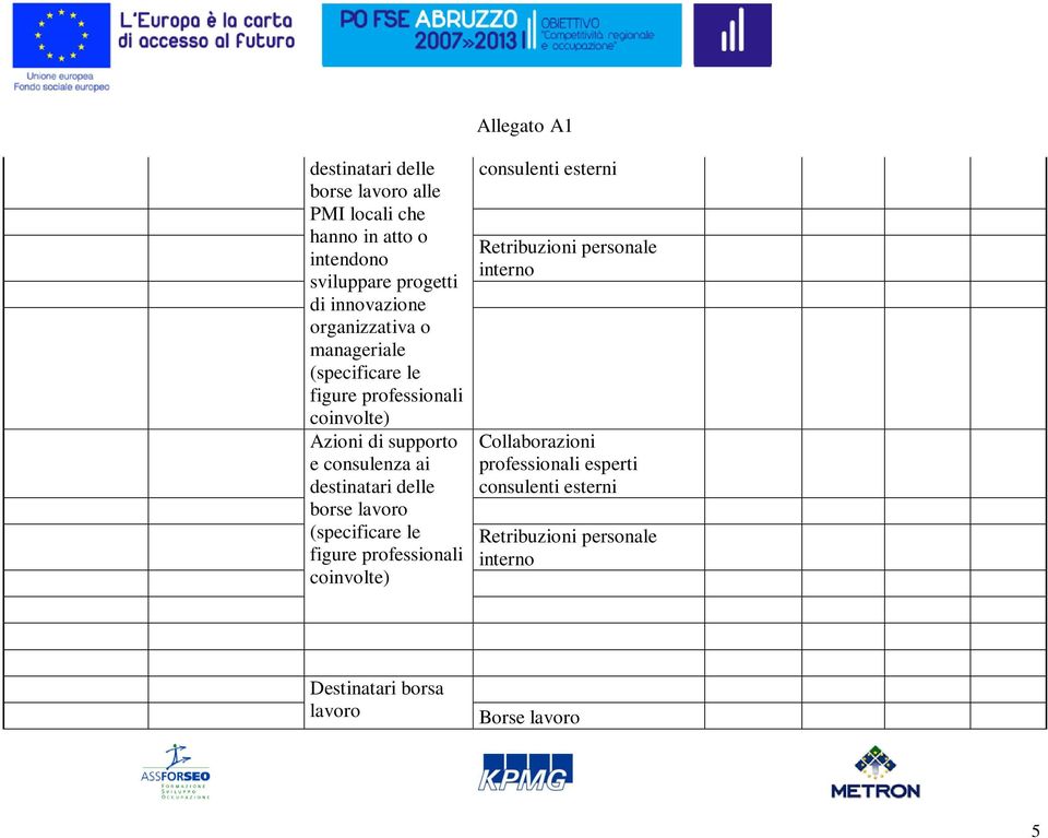 destinatari delle borse lavoro (specificare le figure professionali coinvolte) consulenti esterni Retribuzioni