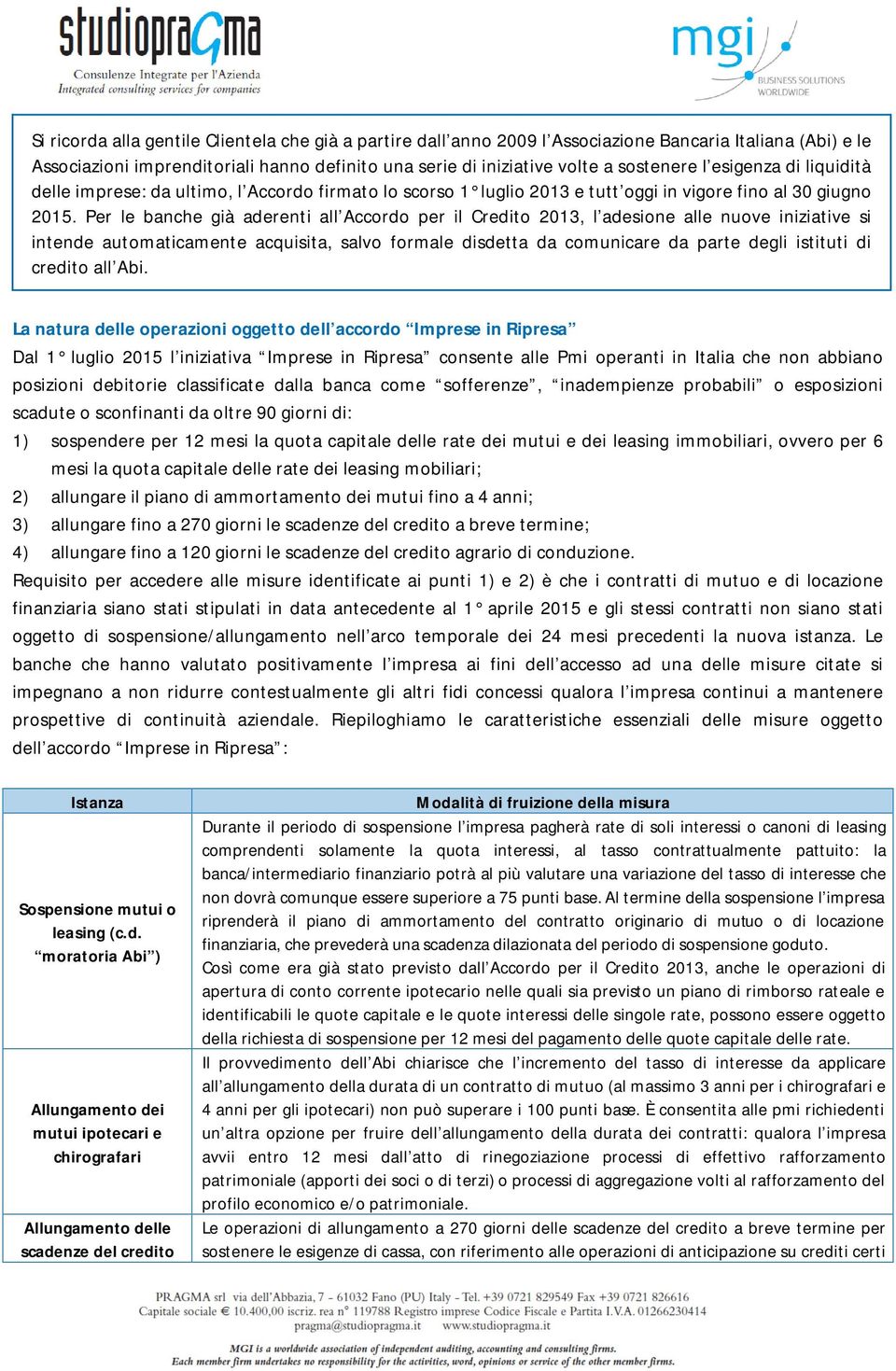 Per le banche già aderenti all Accordo per il Credito 2013, l adesione alle nuove iniziative si intende automaticamente acquisita, salvo formale disdetta da comunicare da parte degli istituti di