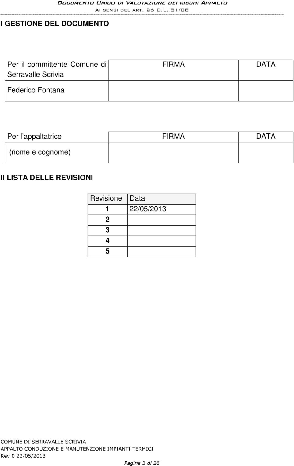 Fontana FIRMA DATA Per l appaltatrice FIRMA DATA (nome e cognome) II