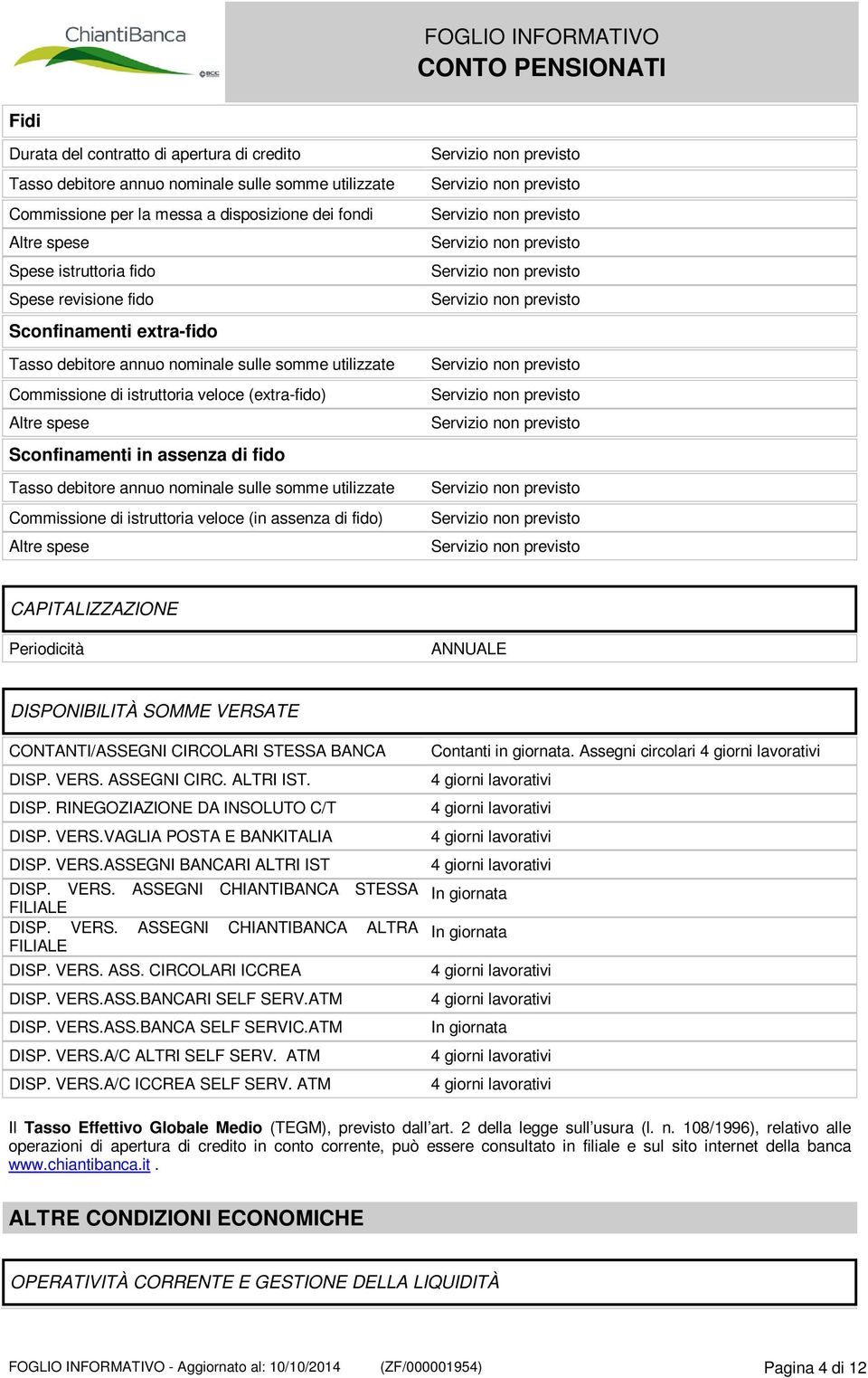 annuo nominale sulle somme utilizzate Commissione di istruttoria veloce (in assenza di fido) Altre spese CAPITALIZZAZIONE Periodicità ANNUALE DISPONIBILITÀ SOMME VERSATE CONTANTI/ASSEGNI CIRCOLARI