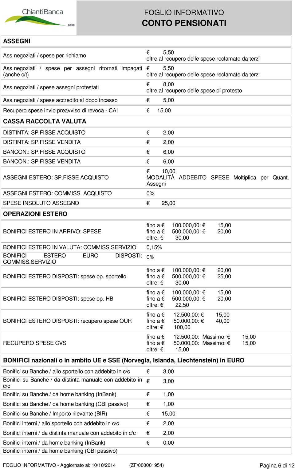 : SP.FISSE ACQUISTO 6,00 BANCON.: SP.FISSE VENDITA 6,00 5,50 oltre al recupero delle spese reclamate da terzi 5,50 oltre al recupero delle spese reclamate da terzi 8,00 oltre al recupero delle spese di protesto ASSEGNI ESTERO: SP.
