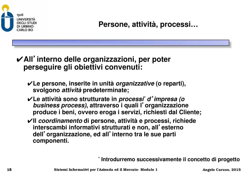 ovvero eroga i servizi, richiesti dal Cliente; Il coordinamento di persone, attività e processi, richiede interscambi informativi strutturati e non, all esterno dell