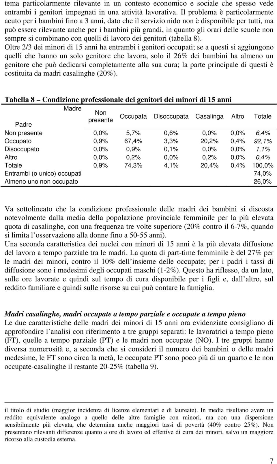 delle scuole non sempre si combinano con quelli di lavoro dei genitori (tabella 8).