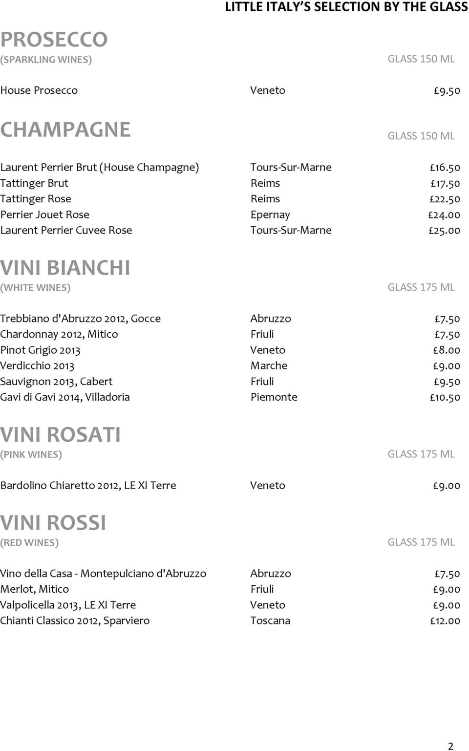00 VINI BIANCHI (WHITE WINES) GLASS 175 ML Trebbiano d'abruzzo 2012, Gocce Abruzzo 7.50 Chardonnay 2012, Mitico Friuli 7.50 Pinot Grigio 2013 Veneto 8.00 Verdicchio 2013 Marche 9.