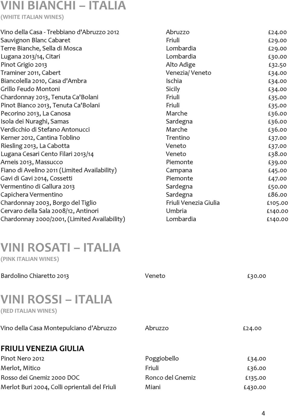 00 Chardonnay 2013, Tenuta Ca'Bolani Friuli 35.00 Pinot Bianco 2013, Tenuta Ca'Bolani Friuli 35.00 Pecorino 2013, La Canosa Marche 36.00 Isola dei Nuraghi, Samas Sardegna 36.