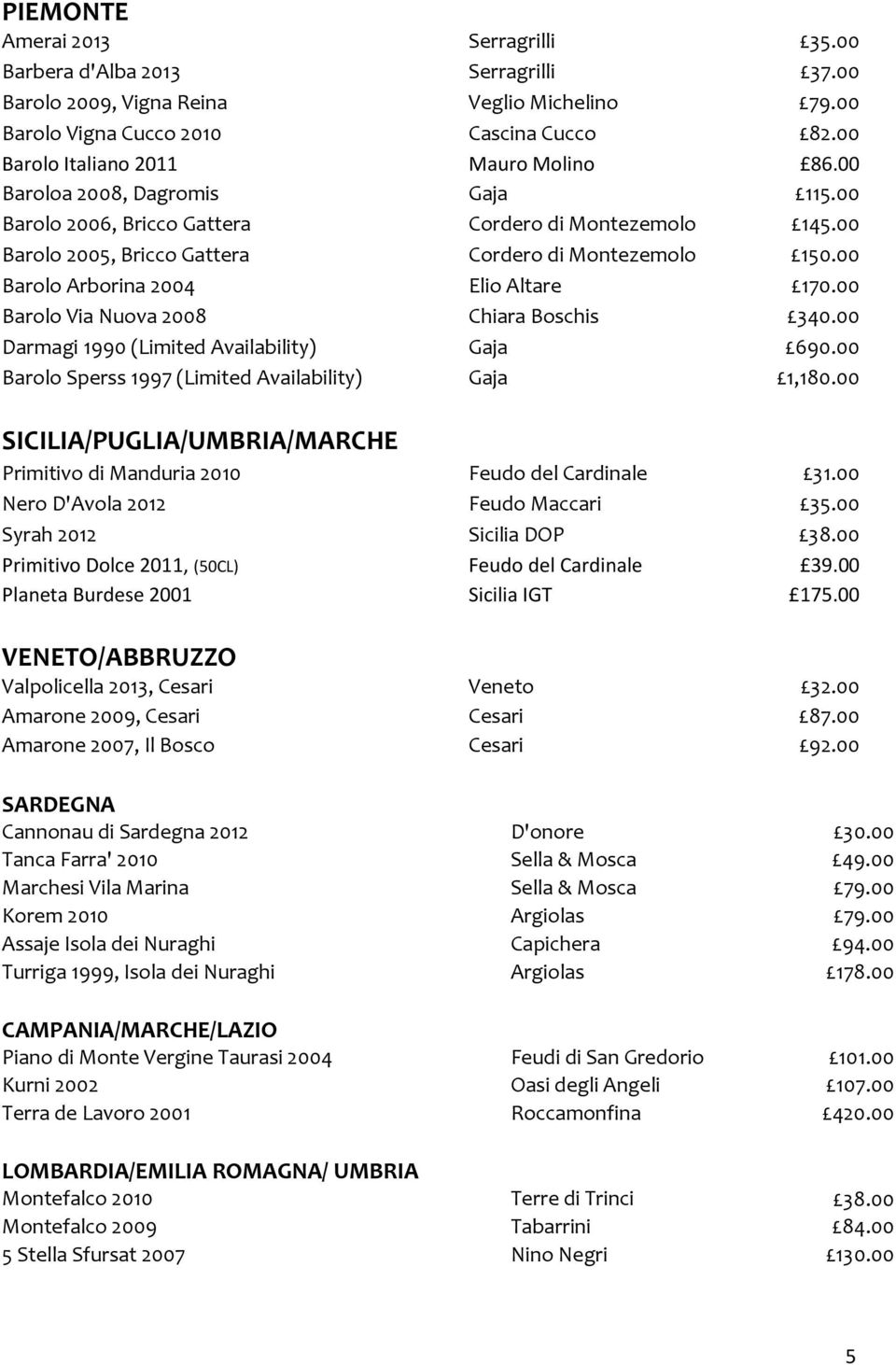 00 Barolo Arborina 2004 Elio Altare 170.00 Barolo Via Nuova 2008 Chiara Boschis 340.00 Darmagi 1990 (Limited Availability) Gaja 690.00 Barolo Sperss 1997 (Limited Availability) Gaja 1,180.