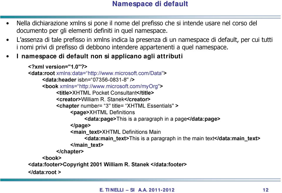 I namespace di default non si applicano agli attributi <?xml version="1.0"?> <data:root xmlns:data= http://www.microsoft.com/data"> <data:header isbn= 07356-0831-8" /> <book xmlns= http://www.