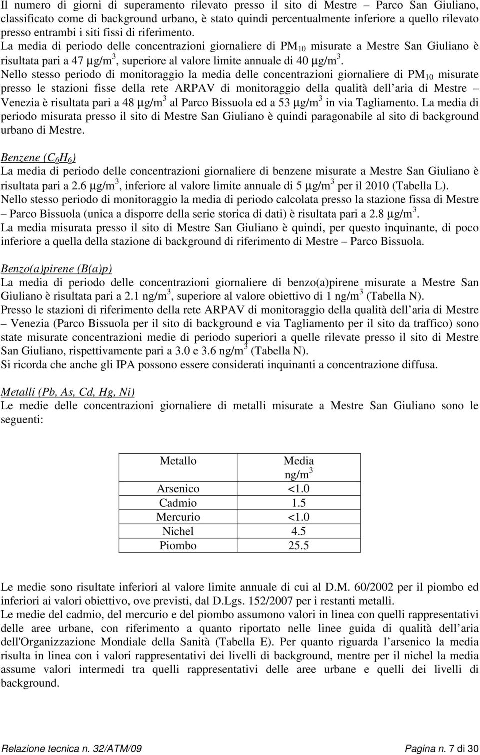 La media di periodo delle concentrazioni giornaliere di PM 10 misurate a Mestre San Giuliano è risultata pari a 47 µg/m 3, superiore al valore limite annuale di 40 µg/m 3.