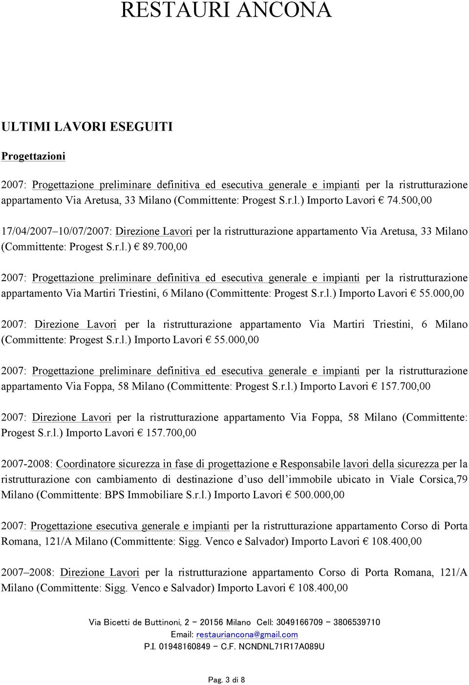 700,00 2007: Progettazione preliminare definitiva ed esecutiva generale e impianti per la ristrutturazione appartamento Via Martiri Triestini, 6 Milano (Committente: Progest S.r.l.) Importo Lavori 55.