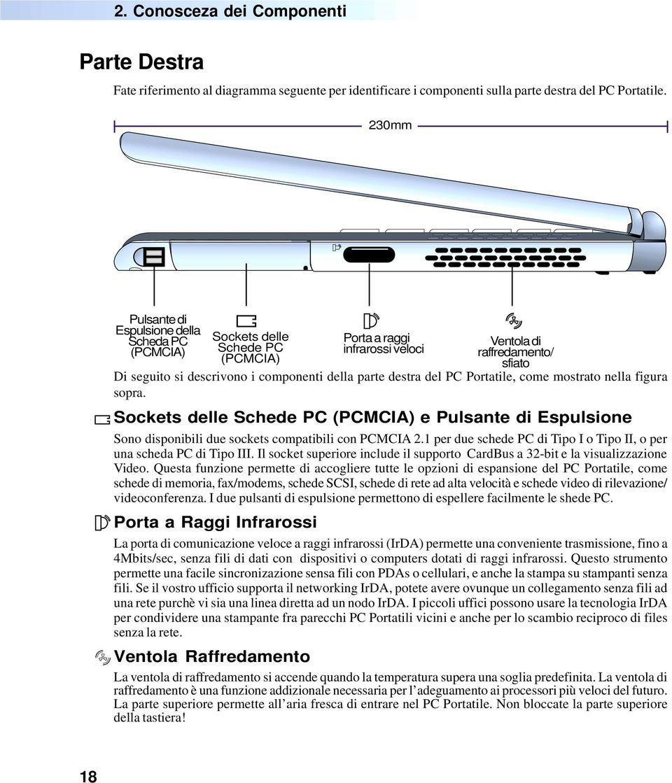 parte destra del PC Portatile, come mostrato nella figura sopra. Sockets delle Schede PC (PCMCIA) e Pulsante di Espulsione Sono disponibili due sockets compatibili con PCMCIA 2.