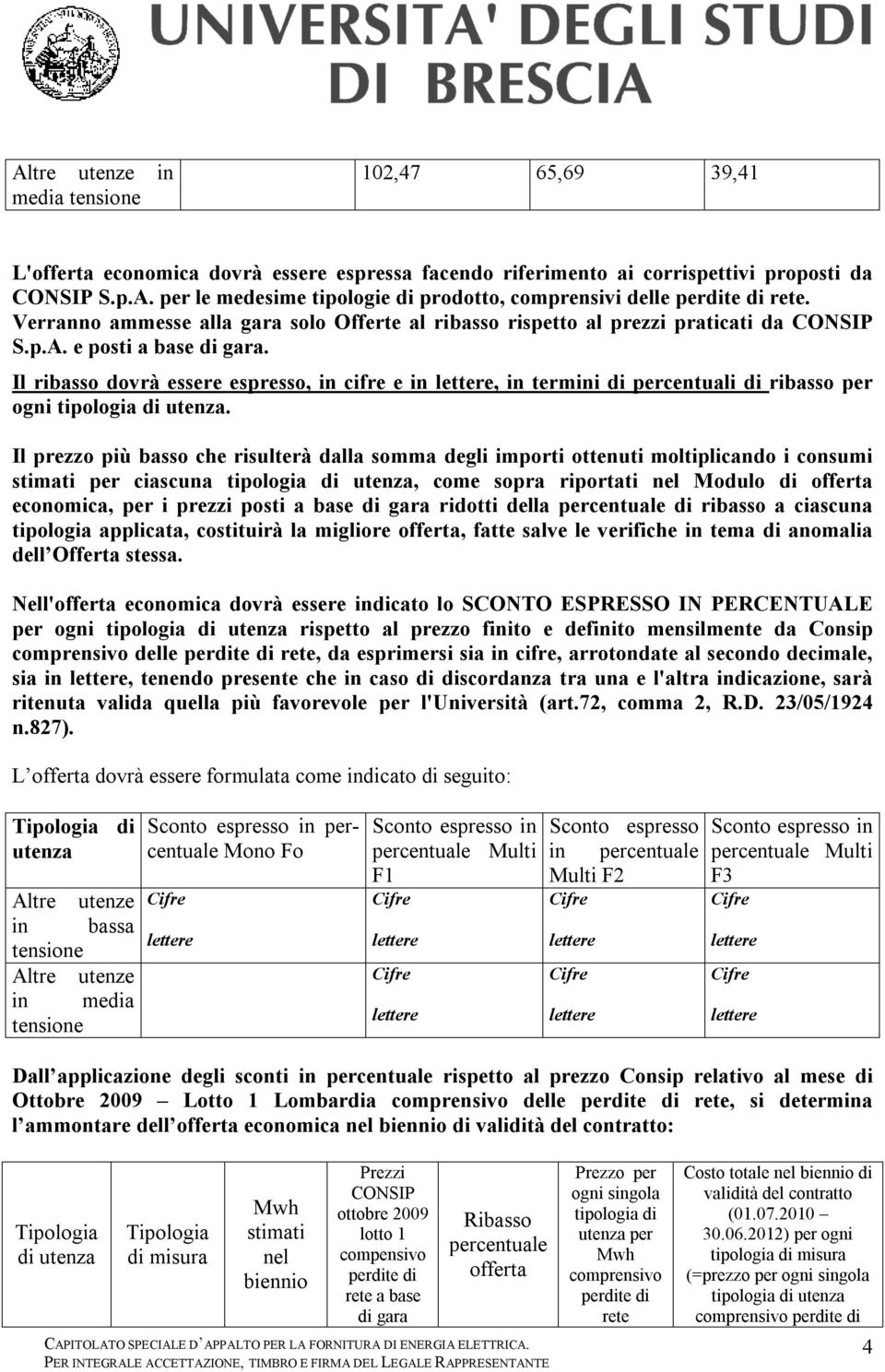 Il ribasso dovrà essere espresso, in cifre e in, in termini di percentuali di ribasso per ogni tipologia di utenza.