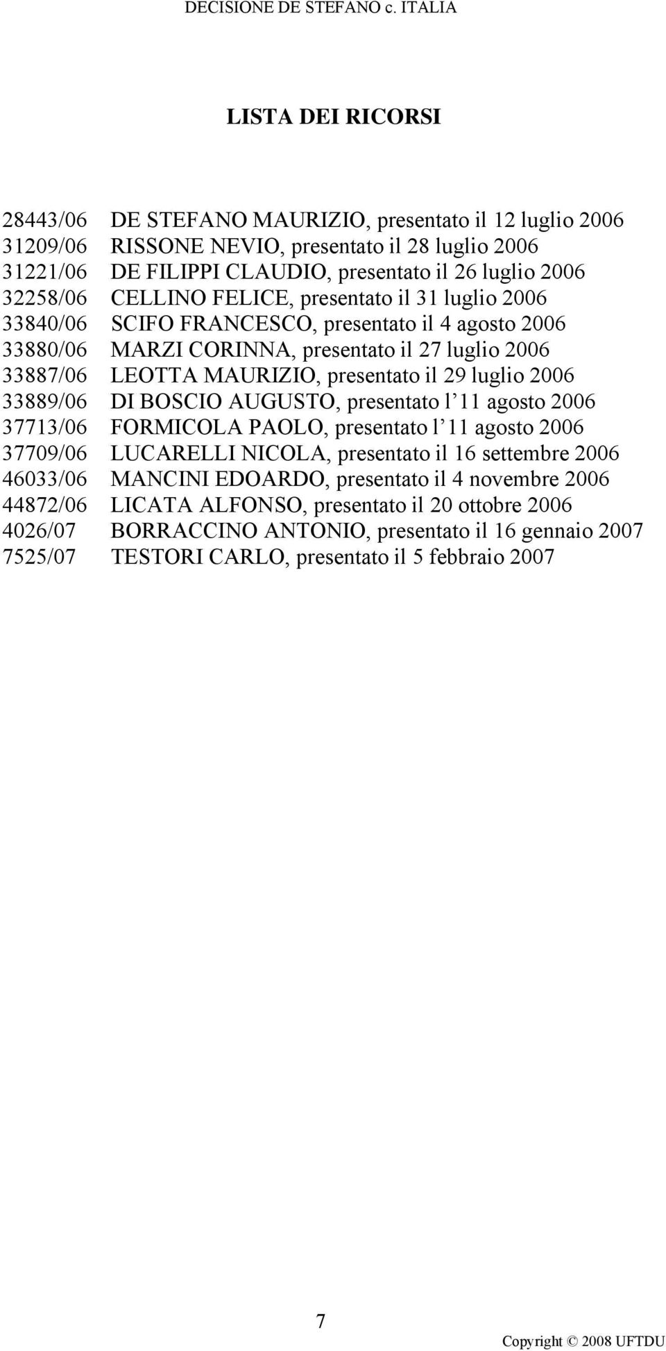 luglio 2006 33889/06 DI BOSCIO AUGUSTO, presentato l 11 agosto 2006 37713/06 FORMICOLA PAOLO, presentato l 11 agosto 2006 37709/06 LUCARELLI NICOLA, presentato il 16 settembre 2006 46033/06 MANCINI