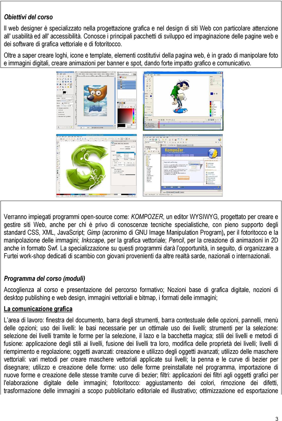 Oltre a saper creare loghi, icone e template, elementi costitutivi della pagina web, è in grado di manipolare foto e immagini digitali, creare animazioni per banner e spot, dando forte impatto