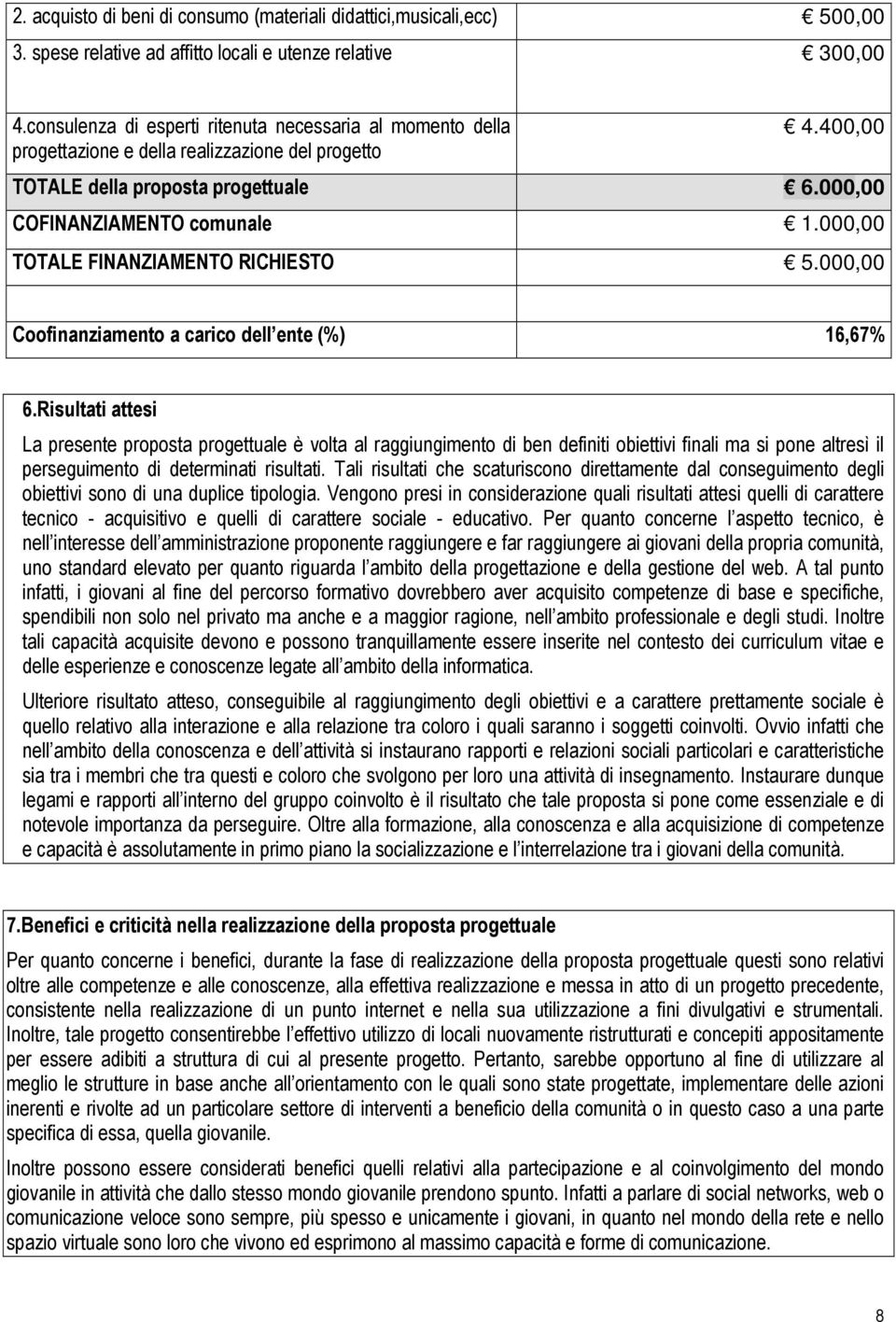 000,00 TOTALE FINANZIAMENTO RICHIESTO 5.000,00 Coofinanziamento a carico dell ente (%) 16,67% 6.