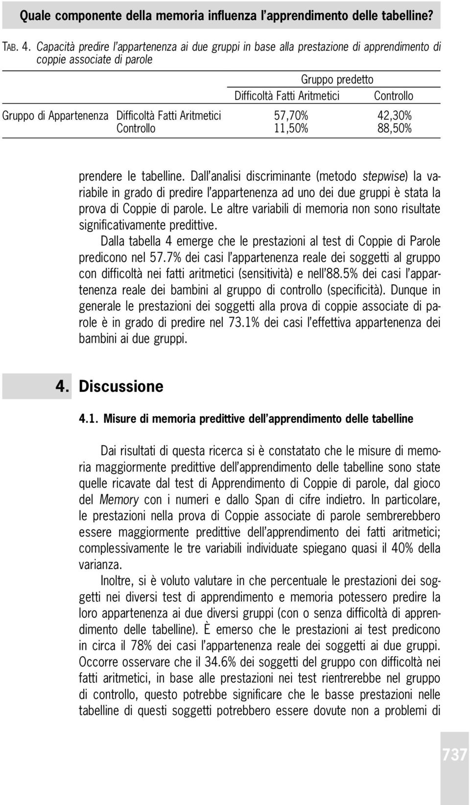 Difficoltà Fatti Aritmetici 57,70% 42,30% Controllo 11,50% 88,50% prendere le tabelline.