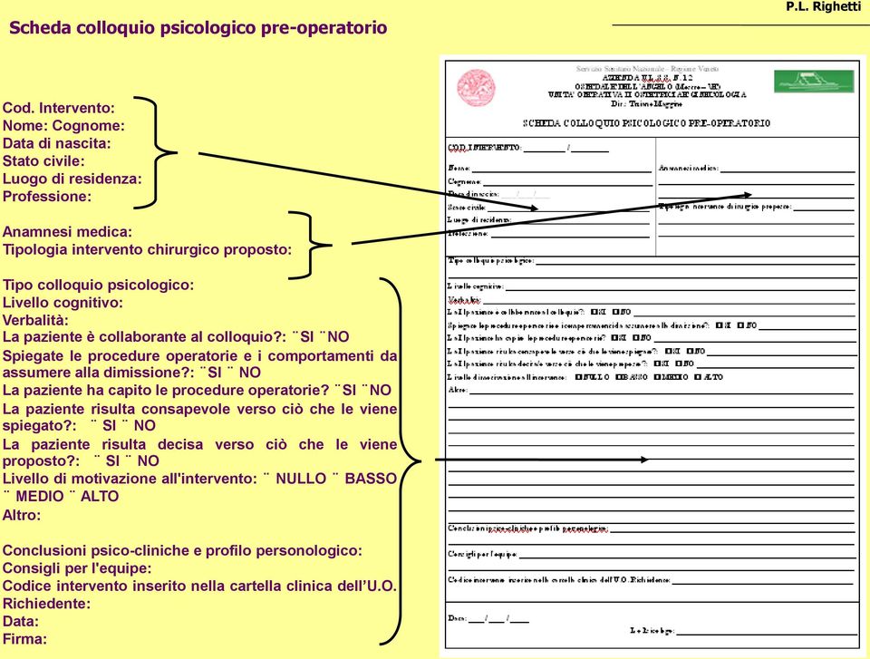 Verbalità: La paziente è collaborante al colloquio?: SI NO Spiegate le procedure operatorie e i comportamenti da assumere alla dimissione?: SI NO La paziente ha capito le procedure operatorie?