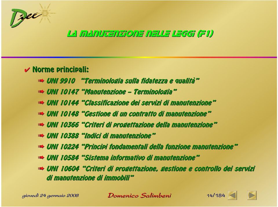 d progeazone della manuenzone UNI 388 Indc d manuenzone UNI 224 Prncp fondamenal della funzone manuenzone