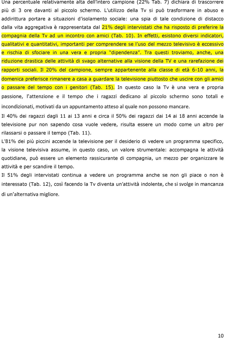 intervistati che ha risposto di preferire la compagnia della Tv ad un incontro con amici (Tab. 10).