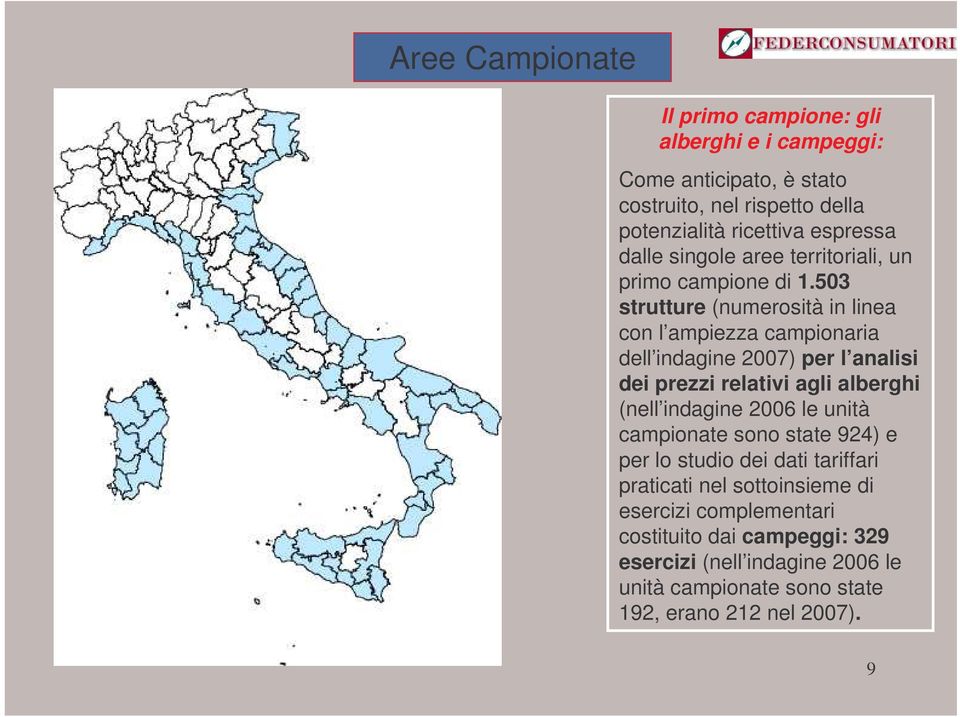 503 strutture (numerosità in linea con l ampiezza campionaria dell indagine 2007) per l analisi dei prezzi relativi agli alberghi (nell indagine