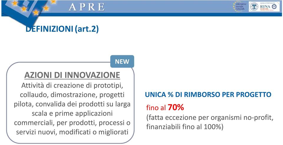 progetti pilota, convalida dei prodotti su larga scala e prime applicazioni commerciali, per