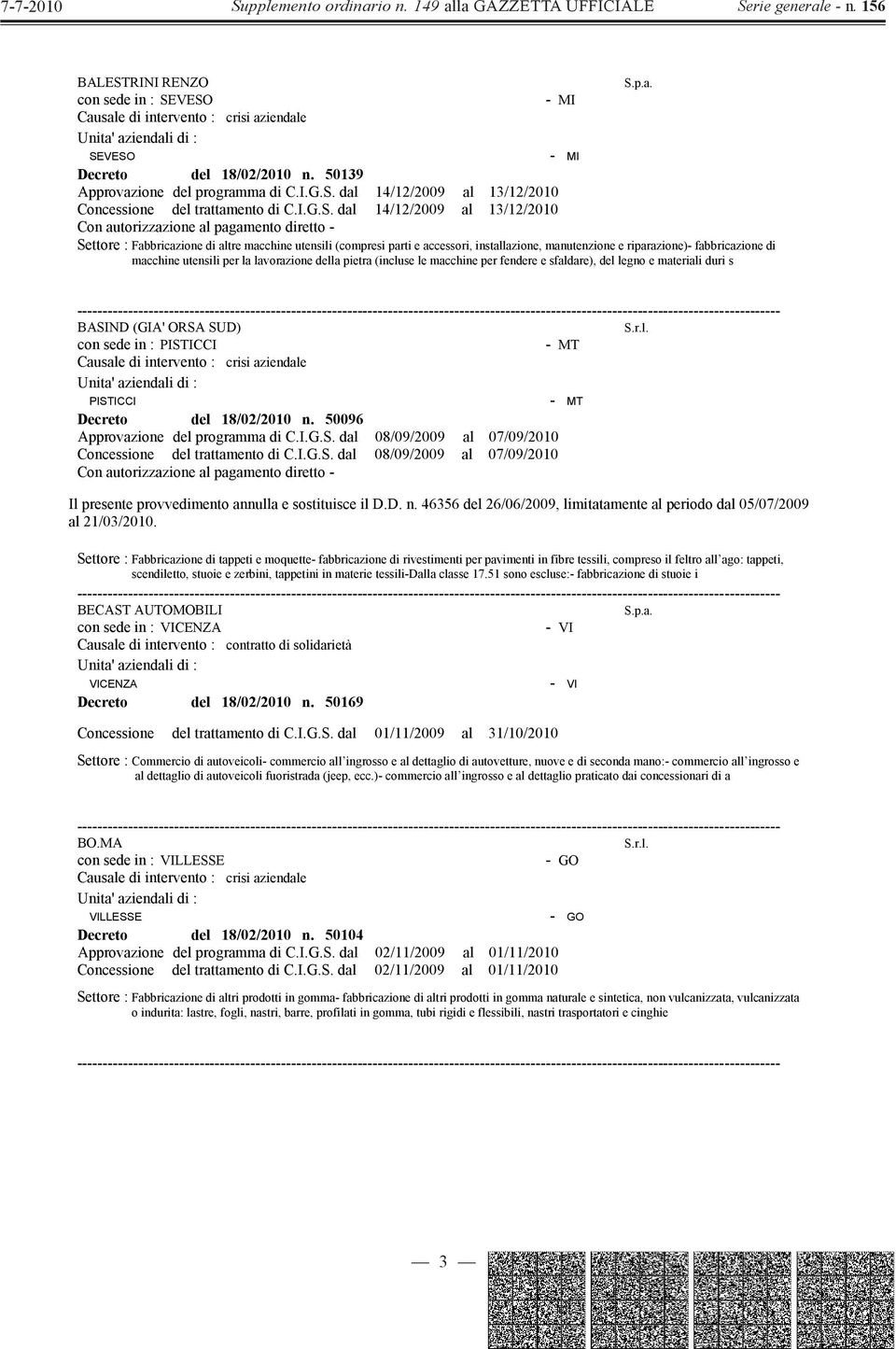 VESO SEVESO Decreto del 18/02/2010 n. 50139 Approvazione del programma di C.I.G.S. dal 14/12/2009 al 13/12/2010 Concessione del trattamento di C.I.G.S. dal 14/12/2009 al 13/12/2010 Settore :