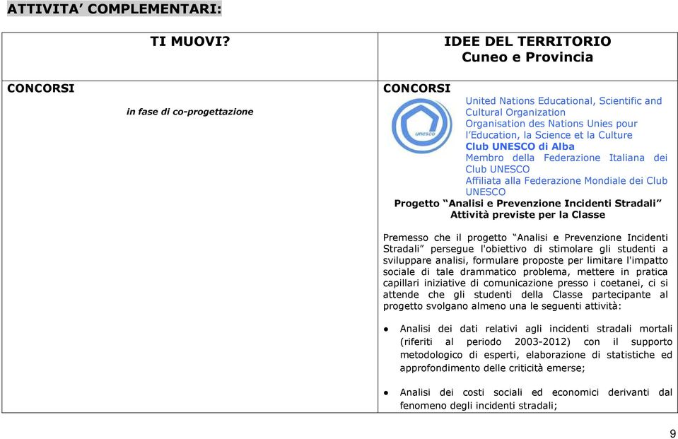 et la Culture Club UNESCO di Alba Membro della Federazione Italiana dei Club UNESCO Affiliata alla Federazione Mondiale dei Club UNESCO Progetto Analisi e Prevenzione Incidenti Stradali Attività