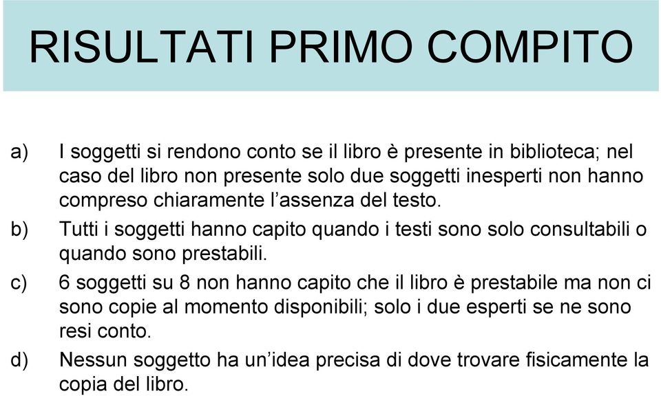 b) Tutti i soggetti hanno capito quando i testi sono solo consultabili o quando sono prestabili.