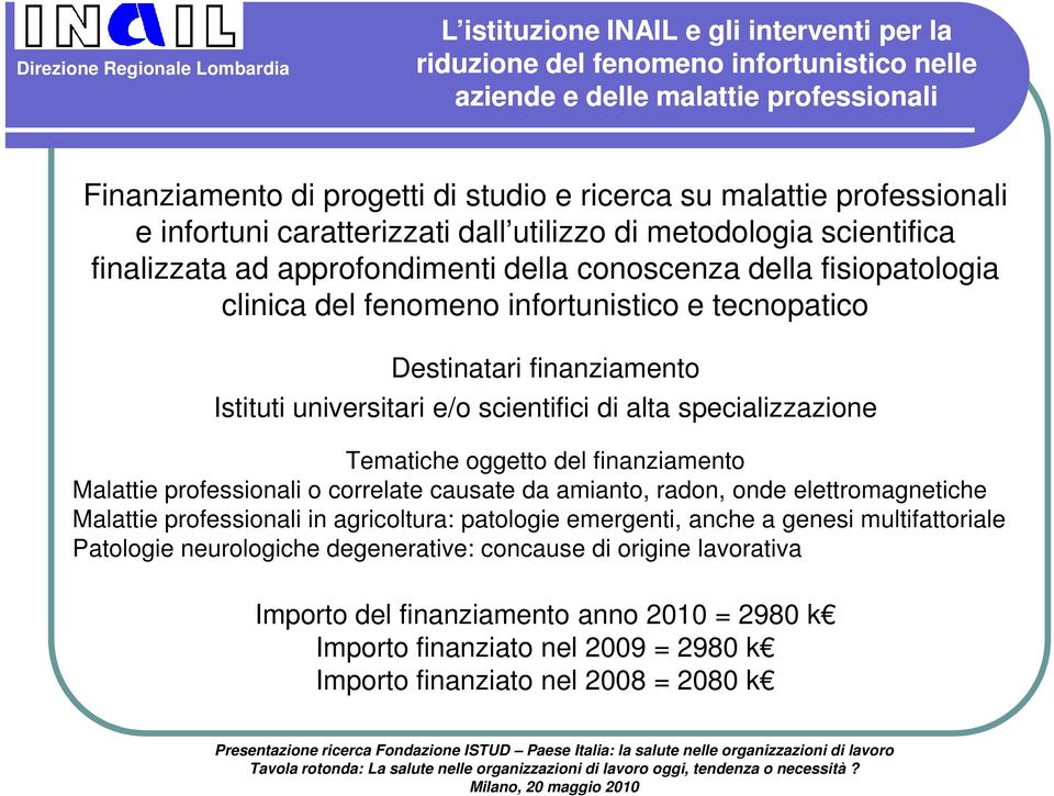 finanziamento Istituti universitari e/o scientifici di alta specializzazione Tematiche oggetto del finanziamento Malattie professionali o correlate causate da amianto, radon, onde elettromagnetiche