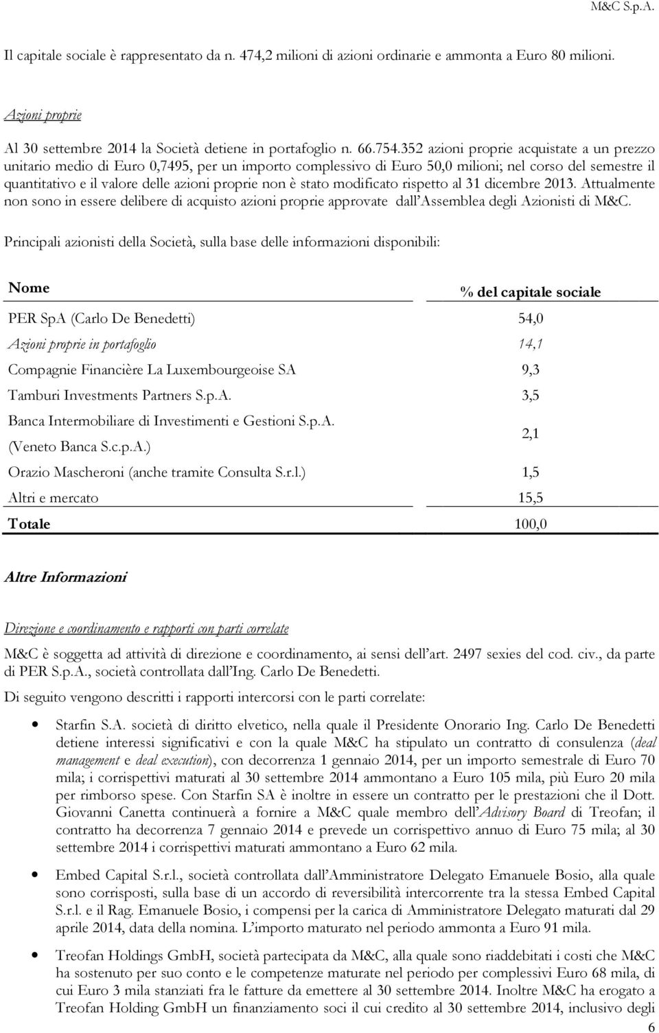 stato modificato rispetto al 31 dicembre 2013. Attualmente non sono in essere delibere di acquisto azioni proprie approvate dall Assemblea degli Azionisti di M&C.