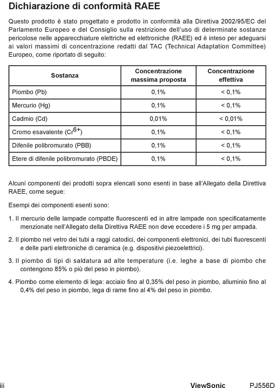 come riportato di seguito: Sostanza Concentrazione massima proposta Concentrazione effettiva Piombo (Pb) 0,1% < 0,1% Mercurio (Hg) 0,1% < 0,1% Cadmio (Cd) 0,01% < 0,01% Cromo esavalente (Cr 6+ ) 0,1%