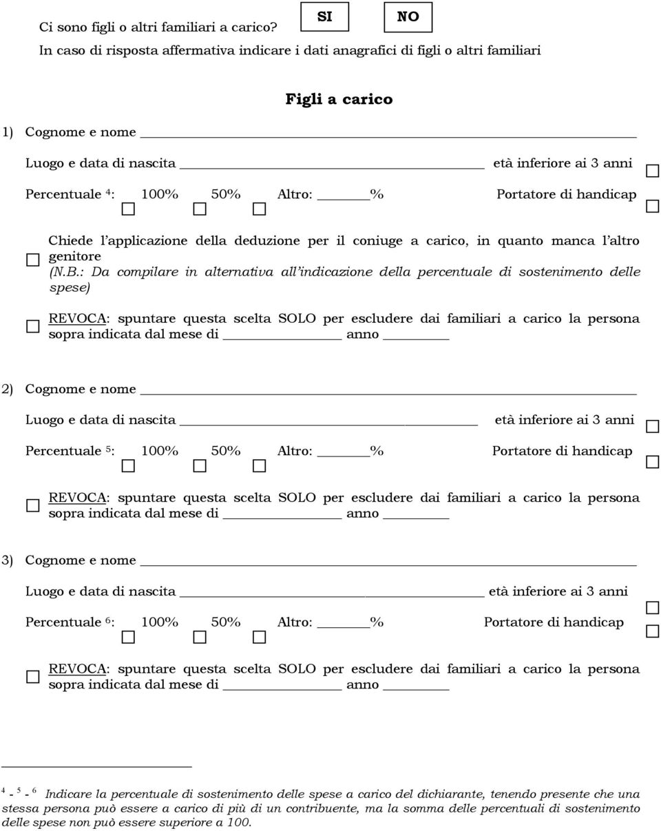 % Portatore di handicap Chiede l applicazione della deduzione per il coniuge a carico, in quanto manca l altro genitore (N.B.