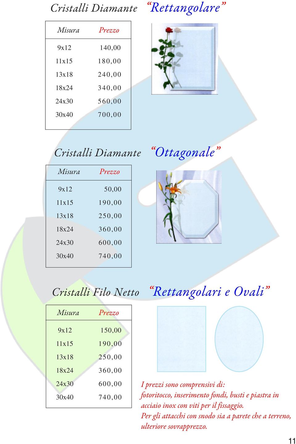 150,00 11x15 190,00 13x18 250,00 18x24 360,00 24x30 600,00 30x40 740,00 I prezzi sono comprensivi di: fotoritocco, inserimento fondi,