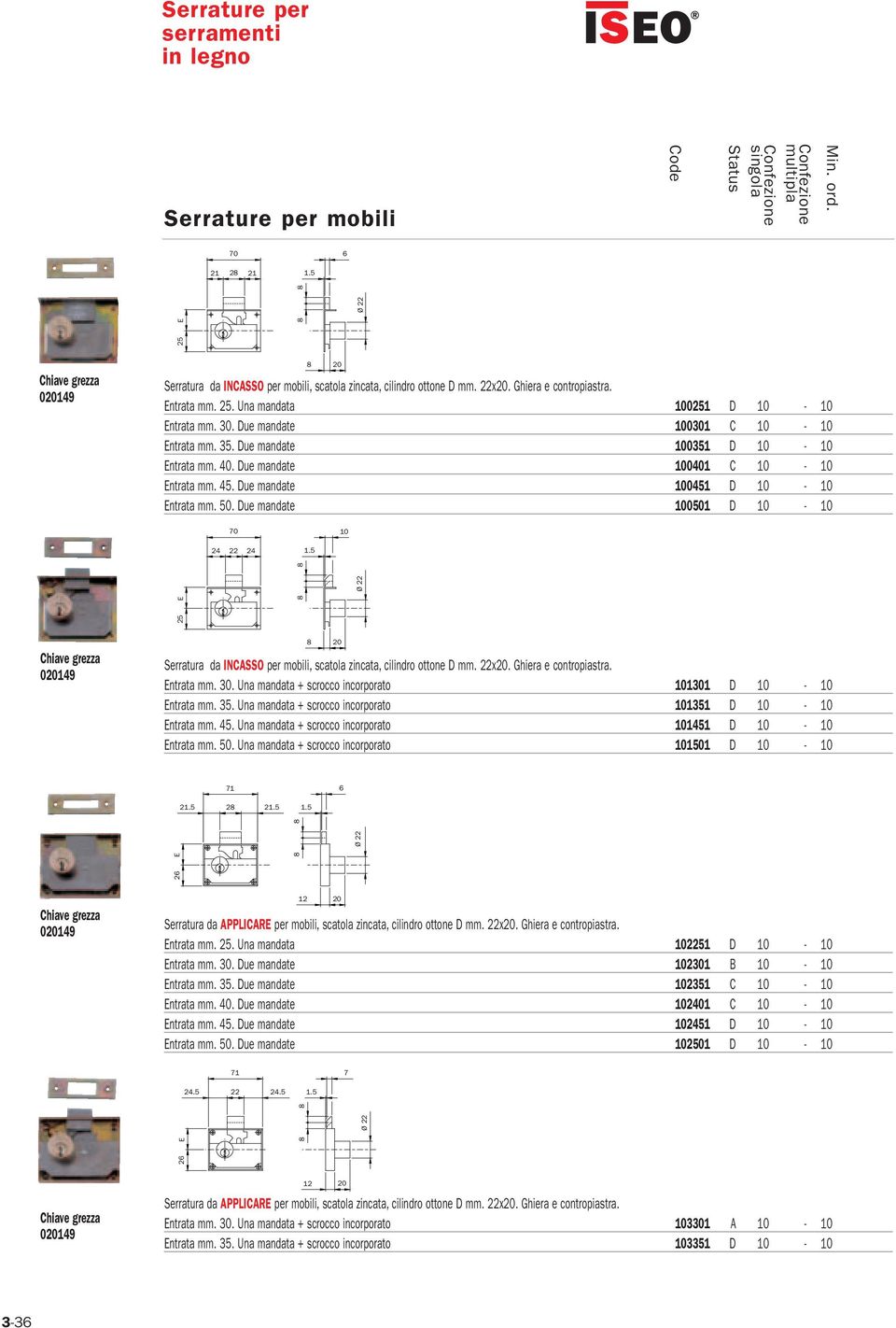 . Due mandate 01 D - 12,3 Serratura da INCASSO per mobili, scatola zincata, cilindro ottone D mm. 22x. Ghiera e contropiastra. Entrata mm.. Una mandata + scrocco incorporato 11 D - 12,3 Entrata mm.