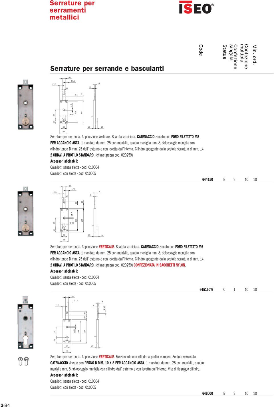 Cilindro sporgente dalla scatola serratura di mm.. 2 CHIAVI A PROFILO STANDARD. (chiave grezza cod. 09) Accessori abbinabili: Cavallotti senza alette - cod. 0004 Cavallotti con alette - cod.