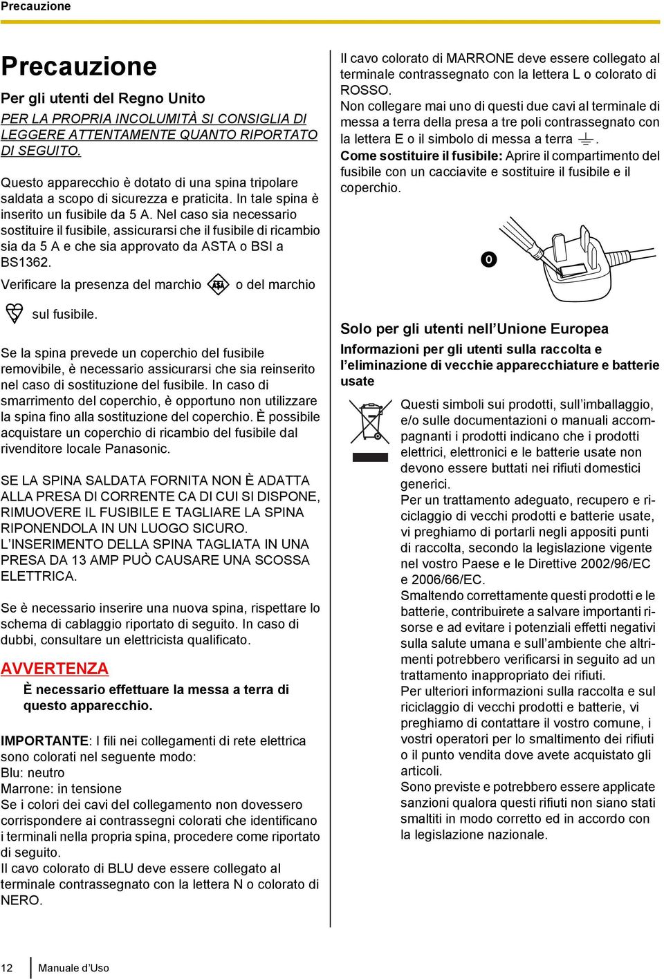 Nel caso sia necessario sostituire il fusibile, assicurarsi che il fusibile di ricambio sia da 5 A e che sia approvato da ASTA o BSI a BS1362. Verificare la presenza del marchio sul fusibile.