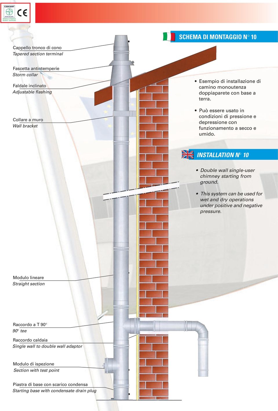 Può essere usato in condizioni di pressione e depressione con funzionamento a secco e umido. INSTALLATION N 10 Double wall single-user chimney starting from ground.