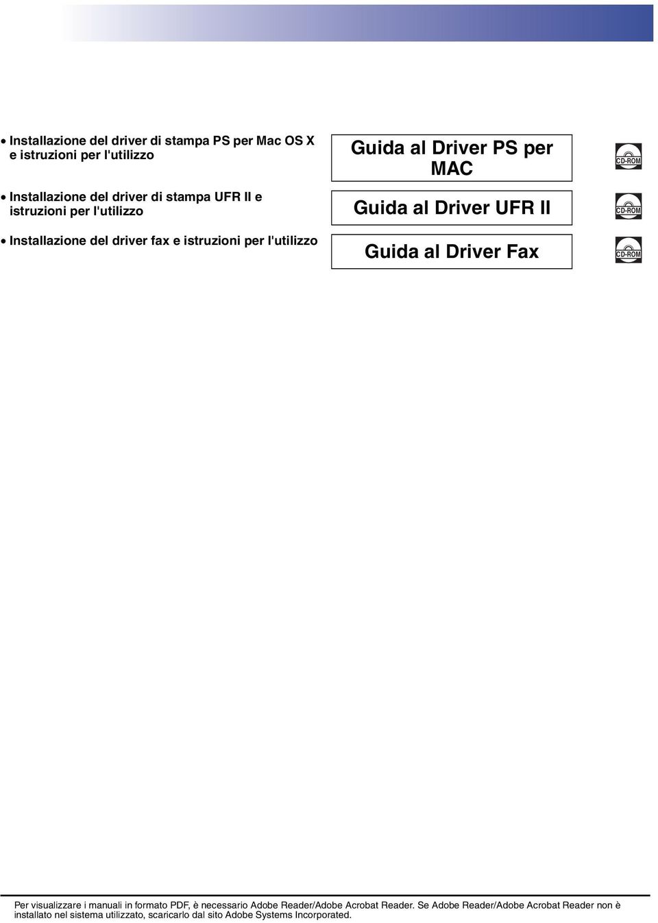 istruzioni per l'utilizzo Guida al Driver Fax CD-ROM Per visualizzare i manuali in formato PDF, è necessario Adobe Reader/Adobe