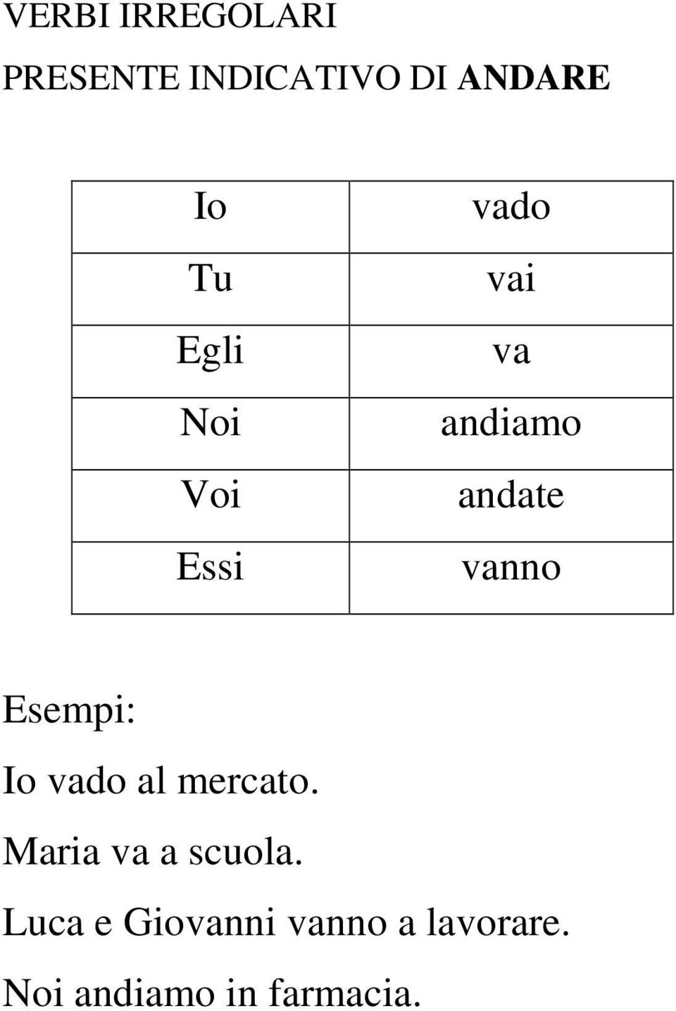 Esempi: Io vado al mercato. Maria va a scuola.