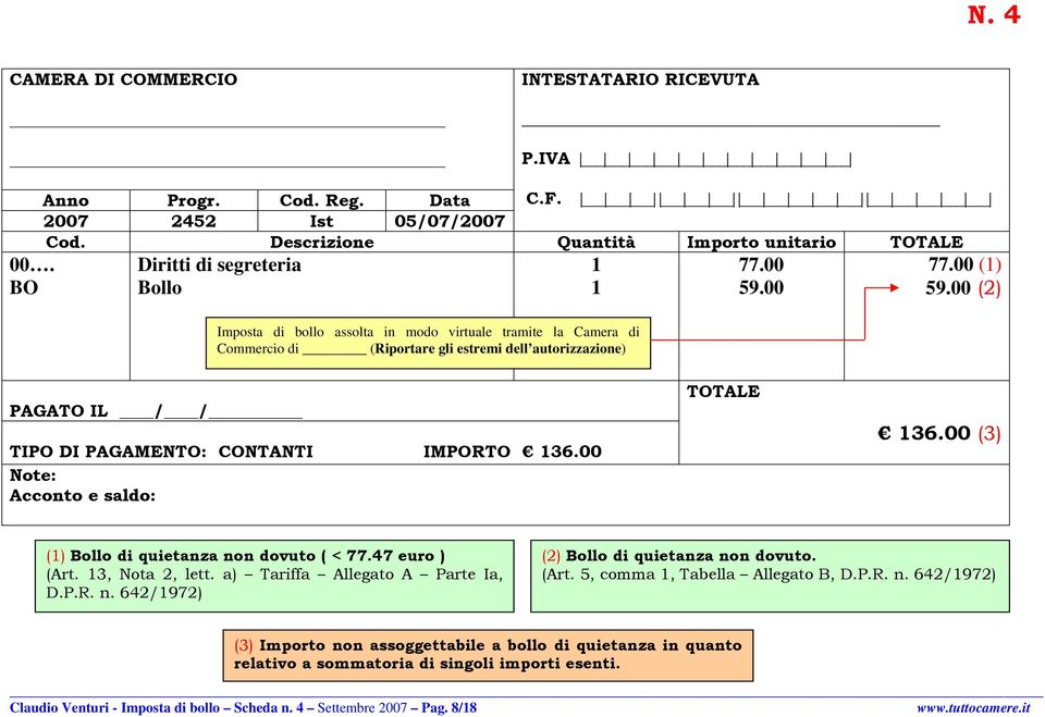 00 (3) () Bollo di quietanza non dovuto ( < 77.47 euro ) (Art. 3, Nota 2, lett. a) Tariffa Allegato A Parte Ia, D.P.R. n. 642/972) (2) Bollo di quietanza non dovuto. (Art. 5, comma, Tabella Allegato B, D.