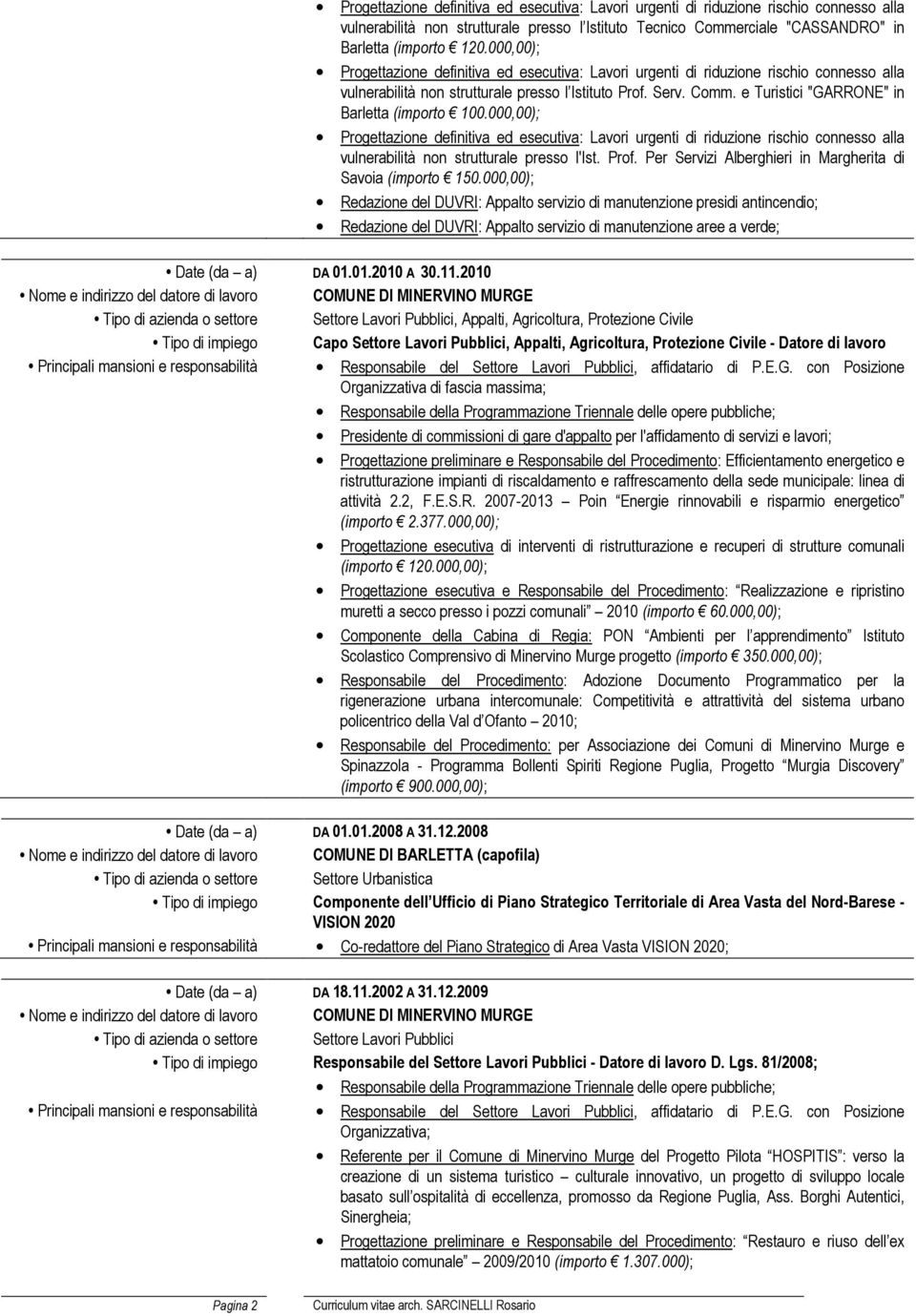 000,00); Redazione del DUVRI: Appalto servizio di manutenzione presidi antincendio; Redazione del DUVRI: Appalto servizio di manutenzione aree a verde; Date (da a) DA 01.01.2010 A 30.11.