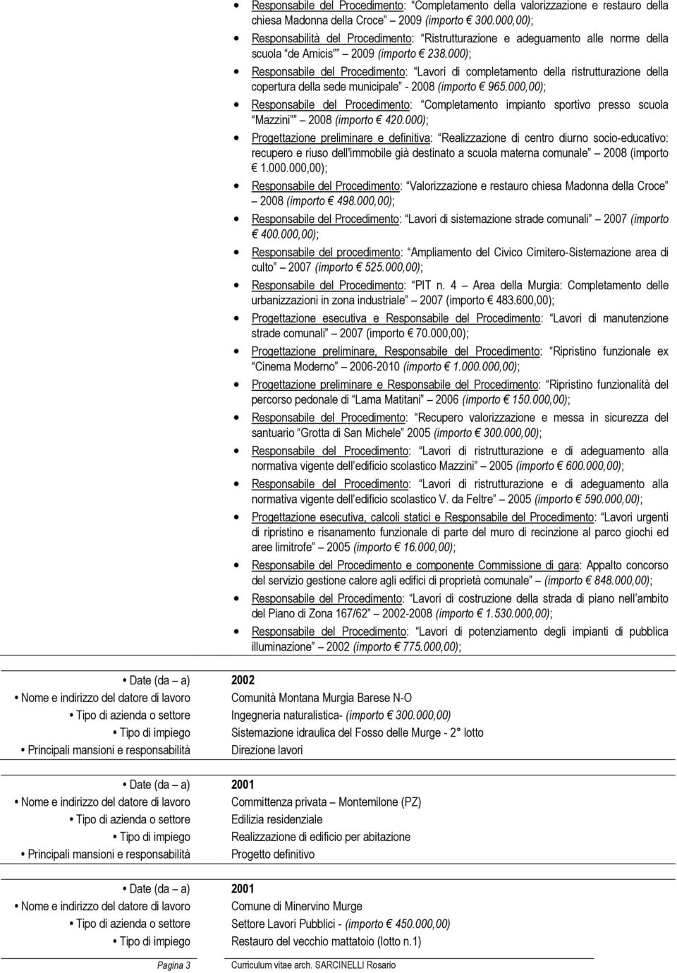 000); Responsabile del Procedimento: Lavori di completamento della ristrutturazione della copertura della sede municipale - 2008 (importo 965.