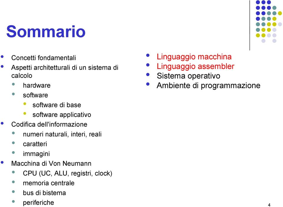 caratteri immagini Macchina di Von Neumann CPU (UC, ALU, registri, clock) memoria centrale bus di