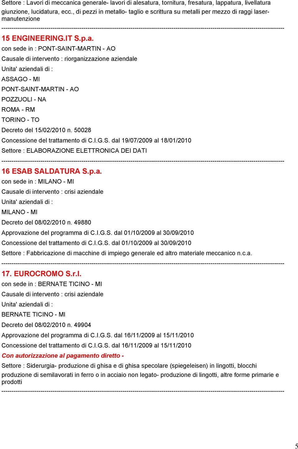 lo- taglio e scrittura su metalli per mezzo di raggi lasermanutenzione 15 ENGINEERING.IT S.p.a. con sede in : PONT-SAINT-MARTIN - AO Causale di intervento : riorganizzazione aziendale ASSAGO - MI PONT-SAINT-MARTIN - AO POZZUOLI - NA ROMA - RM TORINO - TO Decreto del 15/02/2010 n.