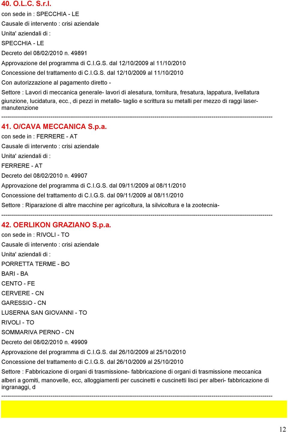 49907 Approvazione del programma di C.I.G.S. dal 09/11/2009 al 08/11/2010 Concessione del trattamento di C.I.G.S. dal 09/11/2009 al 08/11/2010 Settore : Riparazione di altre macchine per agricoltura, la silvicoltura e la zootecnia- 42.